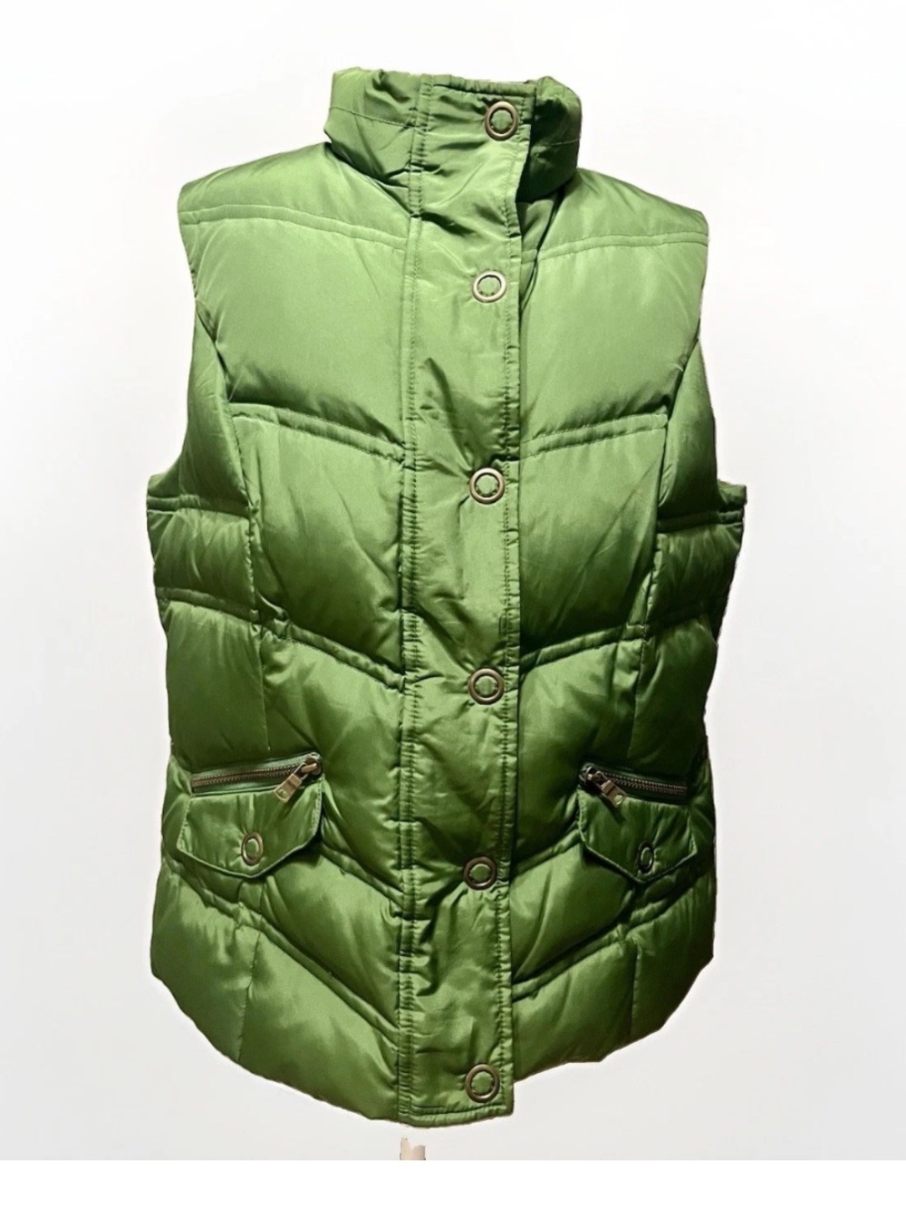 Charter Club Down Puffer Vest Women’s L Full Zip Snaps Dark Chartreuse Green